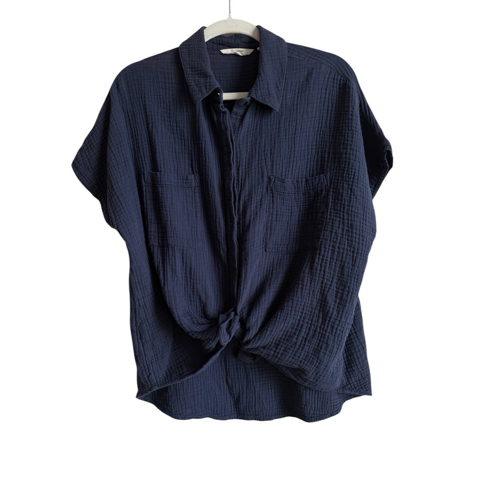 Candace Cameron Bure Cotton Gauze Short-Sleeve Shirt Midnight Blue Womens Size M